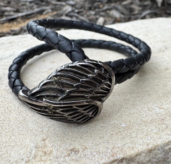 Leather bracelet wrap with angel wing clasp