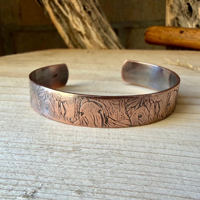 Horse Embossed Copper Cuff • Rustic Raw Copper Bracelet • Hand‑Forged Southwestern Jewelry image 1