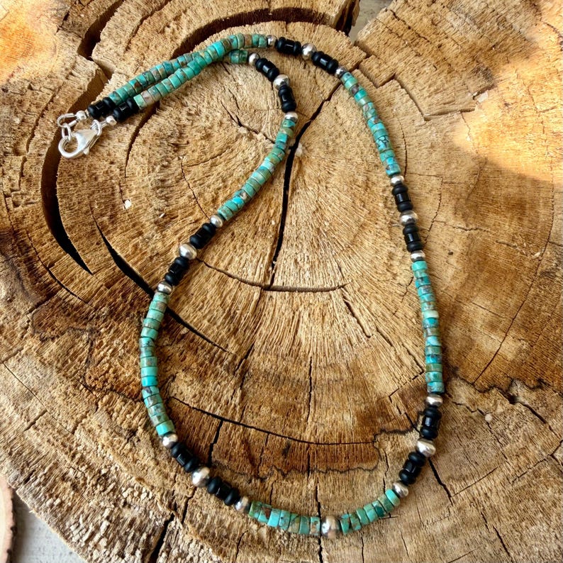 Gargantilla de perlas del desierto de turquesa y ónix • Collar de plata de ley estilo suroeste imagen 7