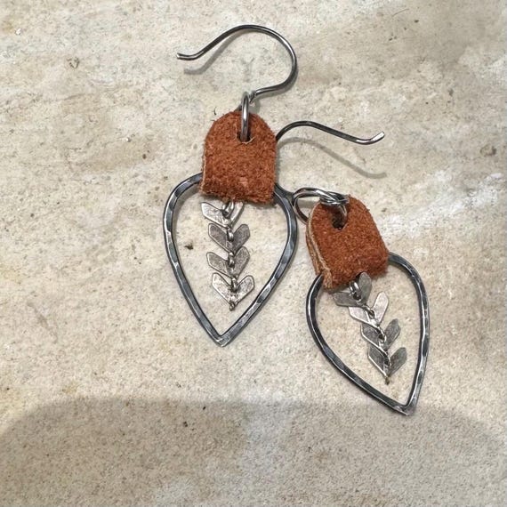 Leather Teardrop Earrings, Chevron Chain Earrings, Genuine Suede Earrings, Leather Jewelry, Teardrop Earrings
