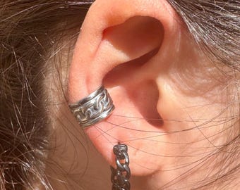 Sterling Silver Chain‑Link Ear Cuff • Wide Conch Band • No‑Piercing Faux Conch Earring