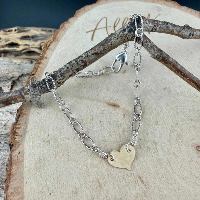 Mixed‑Metal Heart Bracelet • 14k Gold‑Filled Heart • Sterling Silver Chain • Dainty Jewelry image 10