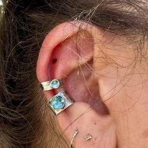 Swiss Blue Topaz Ear Cuff • Hammered Sterling Silver • No Piercing • 4mm or 7mm image 1