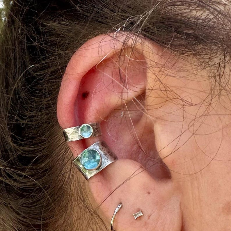 Swiss Blue Topaz Ear Cuff • Hammered Sterling Silver • No Piercing • 4mm or 7mm image 1