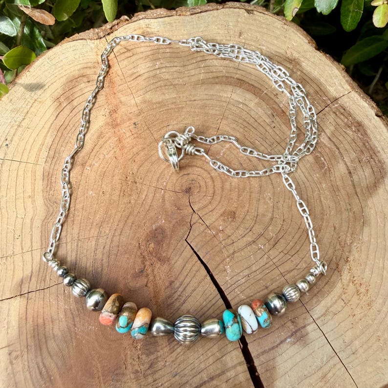 Spiny Oyster Turquoise Bar Necklace • Desert Pearls • Sterling Silver Southwest Necklace image 3
