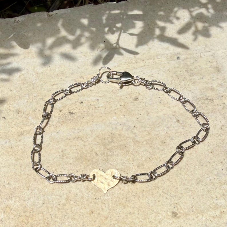 Mixed‑Metal Heart Bracelet • 14k Gold‑Filled Heart • Sterling Silver Chain • Dainty Jewelry image 2