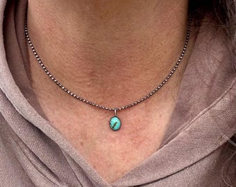 Kingman Turquoise Silver Pendant Necklace • Southwest Minimalist Jewelry • Sterling Silver Ball Chain