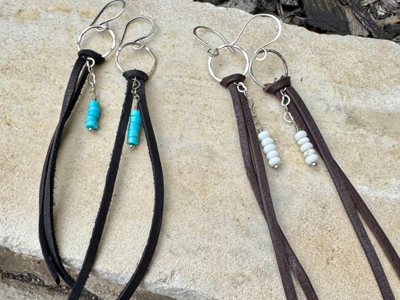 Leather Earrings with Heart Chain, Turquoise Gemstone Dangle, Genuine Leather Earrings, Unique Jewelry Gift