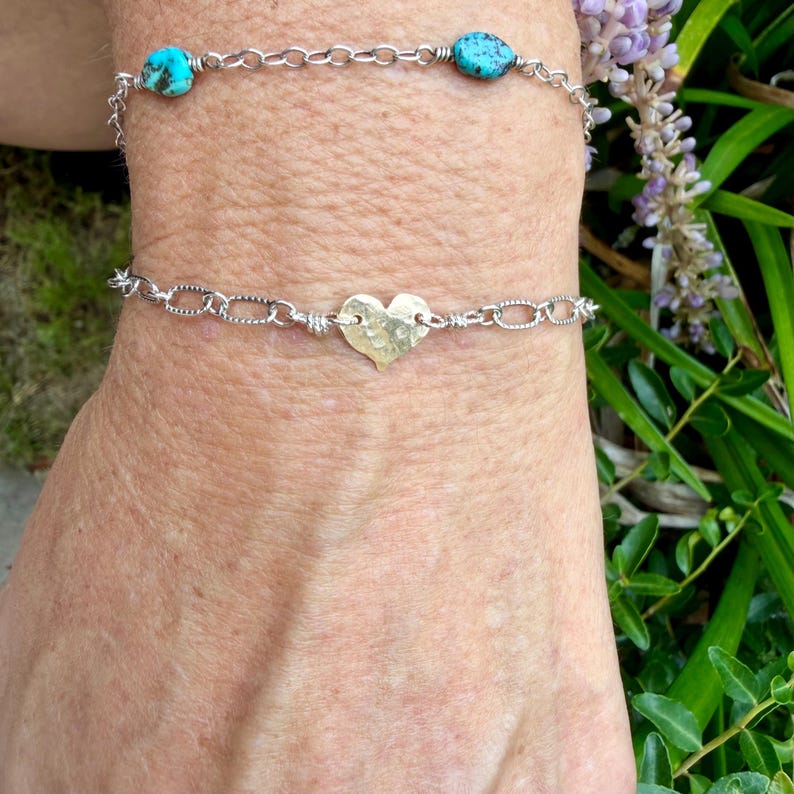 Mixed‑Metal Heart Bracelet • 14k Gold‑Filled Heart • Sterling Silver Chain • Dainty Jewelry image 1