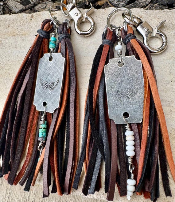 Turquoise and leather purse tassel / keychain handbag tassel / white turquoise or blue turquoise