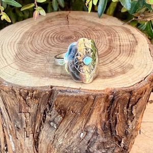 Turquoise Concho Sterling Silver Ring • Number 8 Turquoise • Southwestern Sunflower Band Bild 2