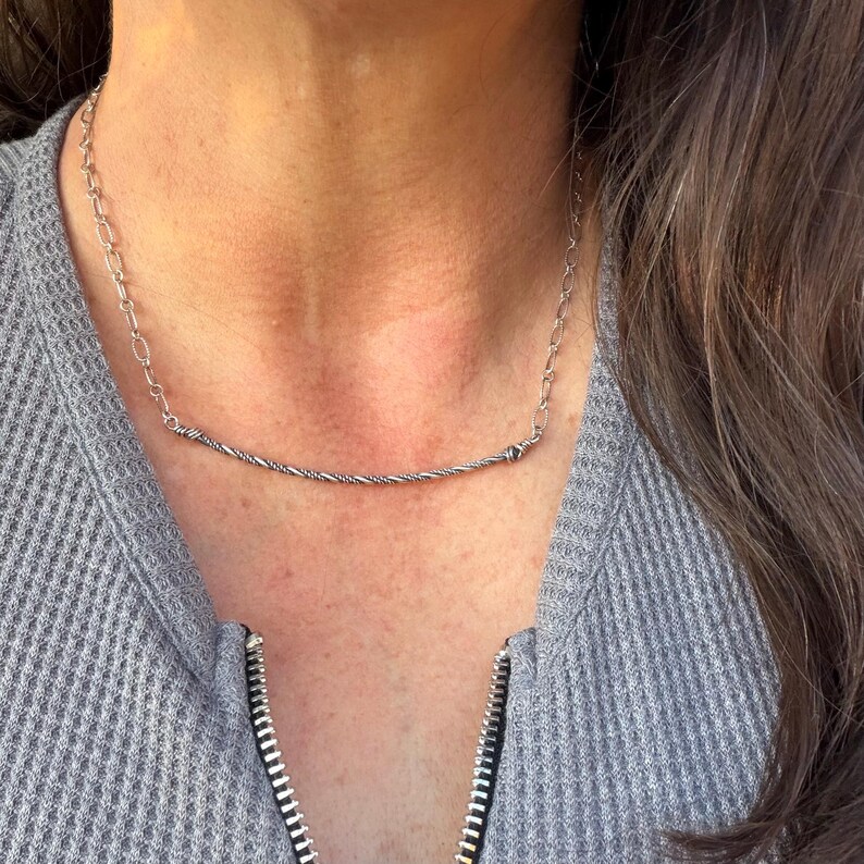 Sterling Silver Bar Necklace • Hand‑Forged Twisted Bar • Rustic Chain image 1