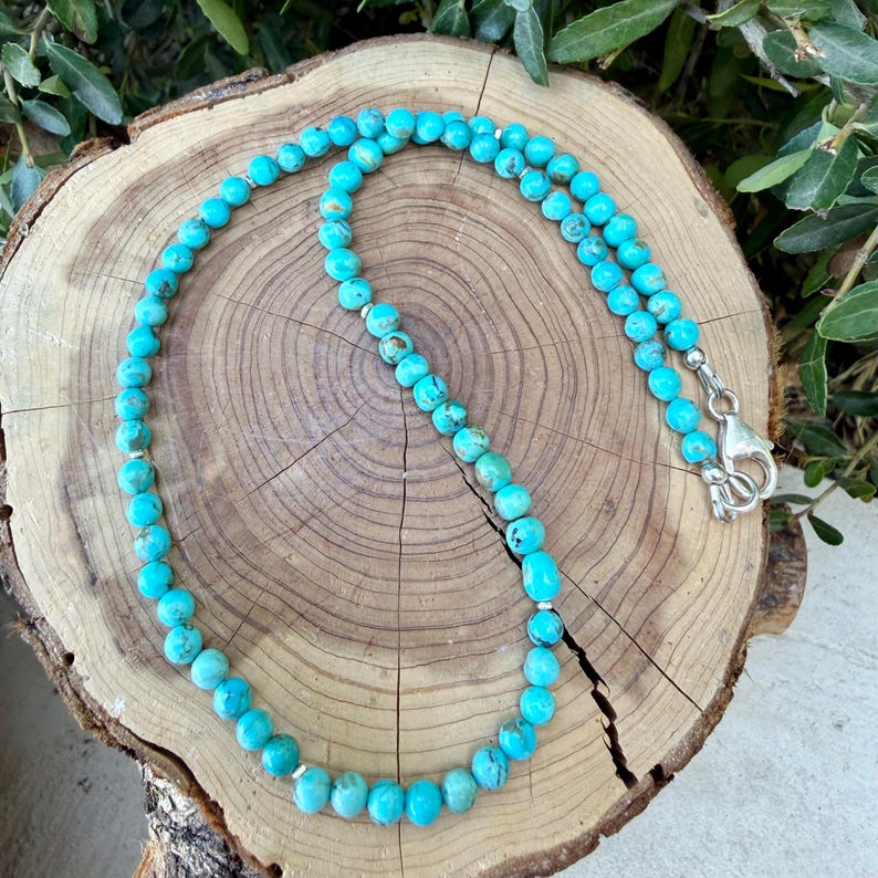 Kingman turquoise choker • Kralen van 4-5 mm • Lichtblauwe turquoise ketting • Sterling zilveren tussenstukjes afbeelding 3