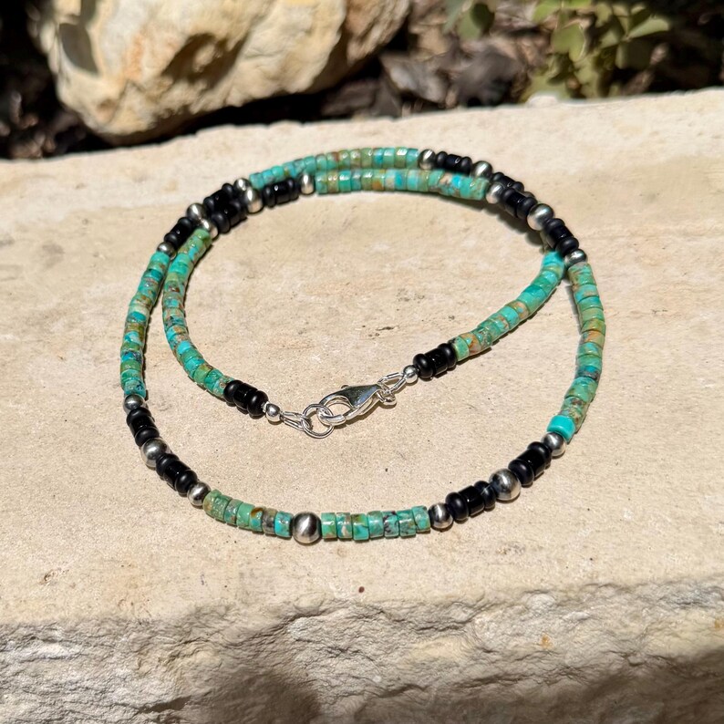 Gargantilla de perlas del desierto de turquesa y ónix • Collar de plata de ley estilo suroeste imagen 6