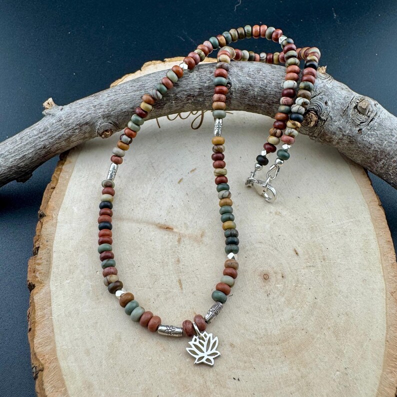 Sterling Silver Picasso Jasper Lotus Pendant Necklace | Artisan Gemstone Jewelry image 6