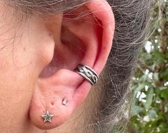 Sterling Silver Ear Cuff | Trinity Rope Twist Style Wide Conch Band | No-Piercing Earring
