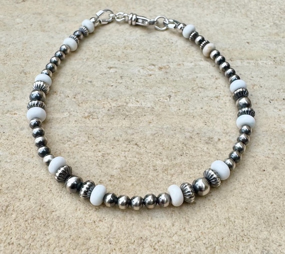 Navajo Pearl White Turquoise Bracelet, Gemstone Beaded Bracelet, Sterling Silver Bracelet, Native American Style Gift, Unique Jewelry Gift