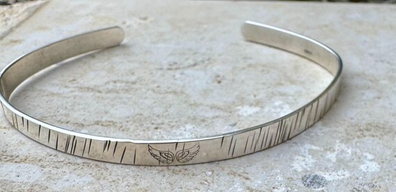 Angel wing stamped sterling silver hammered cuff bracelet