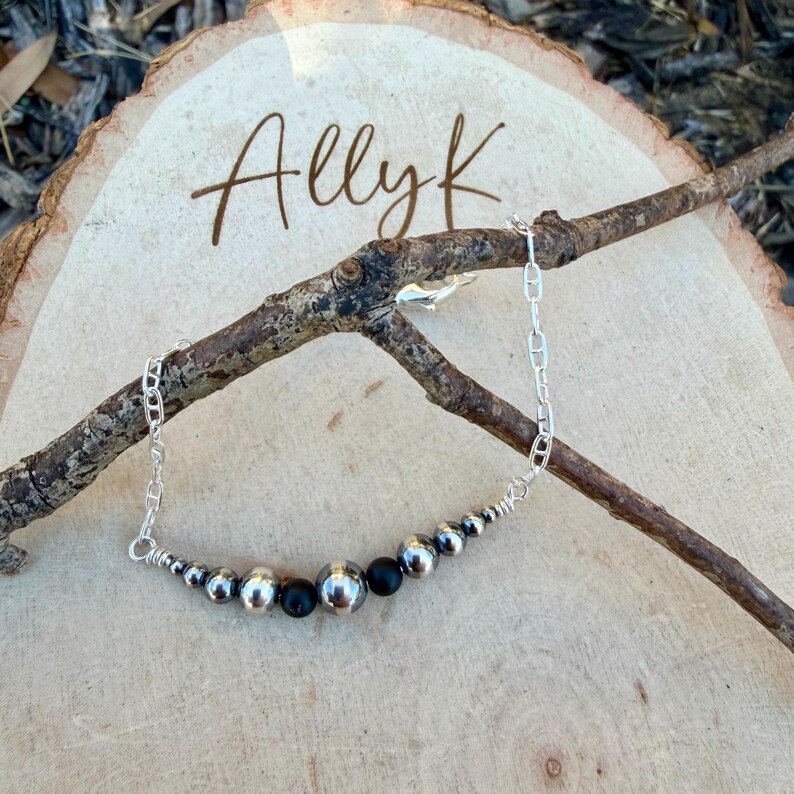 Desert Pearl & Onyx Graduated Bar Chain Bracelet | Sterling Silver Southwest Elegance Shiny polished