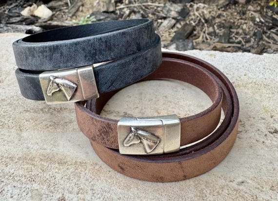 Genuine leather wrap bracelet with horse clasp magnet closure