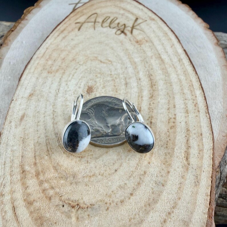 Sterling Lever-Back White Buffalo Earrings • 8x10 Oval Cabochon with Black-White Matrix image 7
