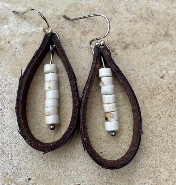 White Turquoise Leather Earrings, Genuine Earring Teardrop Style Wrap, Dangle Earrings, Boho Style, Handmade Gift