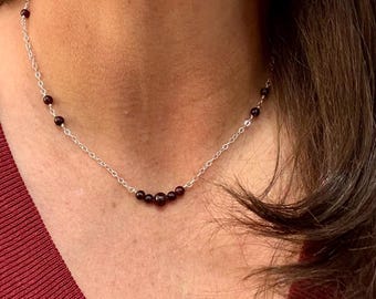 Sterling Silver Chain Garnet Spacer Necklace, Unique Gemstone Necklace