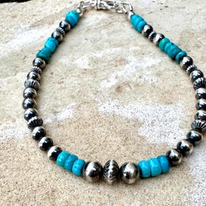 Turquoise Navajo Pearls Bracelet, Arizona Blue Turquoise and Sterling Silver, Genuine Turquoise Bracelet, Turquoise Bracelet, Handmade Gift