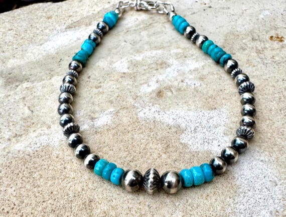 Turquoise Navajo Pearls Bracelet, Arizona Blue Turquoise and Sterling Silver, Genuine Turquoise Bracelet, Turquoise Bracelet, Handmade Gift