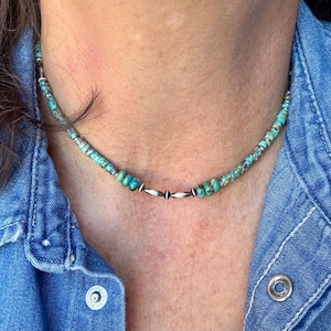Kingman Turquoise Navajo Pearl Necklace, Sterling Silver Southwestern Gemstone Jewelry