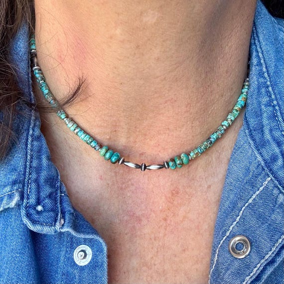 Kingman Turquoise Navajo Pearl Necklace, Sterling Silver Southwestern Gemstone Jewelry