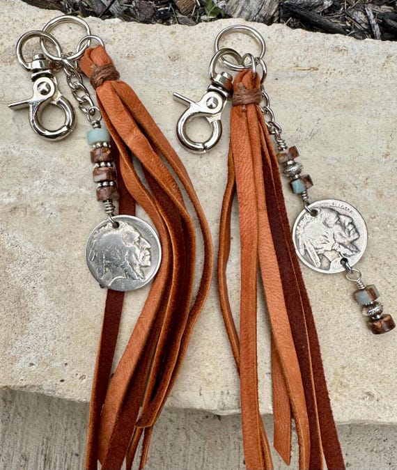 Leather purse tassel Indian head buffalo nickel keychain with Impression Jasper gemstone