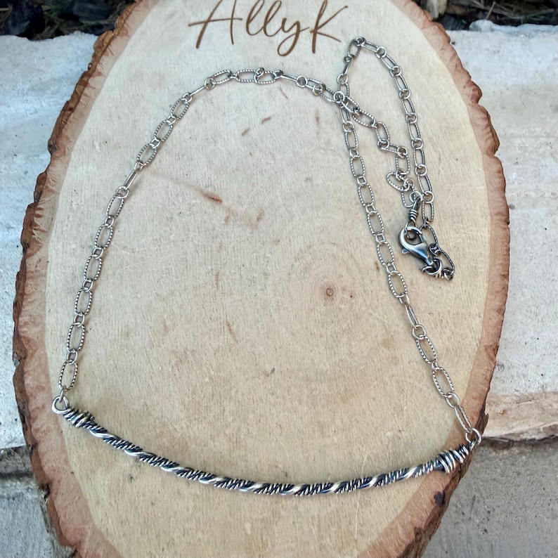 Sterling Silver Bar Necklace • Hand‑Forged Twisted Bar • Rustic Chain image 7