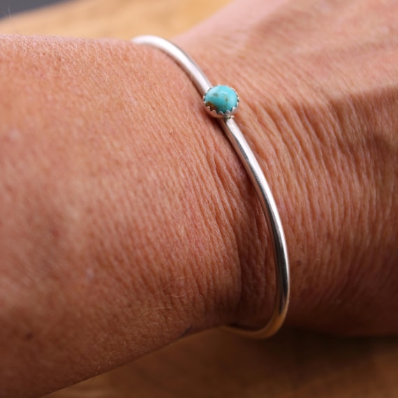 Sterling Silver Dainty Turquoise Bracelet - Handmade Adjustable Cuff Jewelry