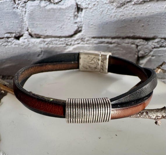 Leather bracelet with magnet closure, dark brown and black leather crossover / genuine leather bracelet