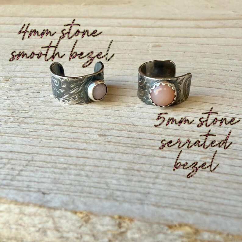 May include: Two silver-toned rings with textured bands and round pink stones. The left ring features a 4mm stone in a smooth bezel, while the right ring features a 5mm stone in a serrated bezel. Text reads 4mm stone smooth bezel and 5mm stone serrated bezel.