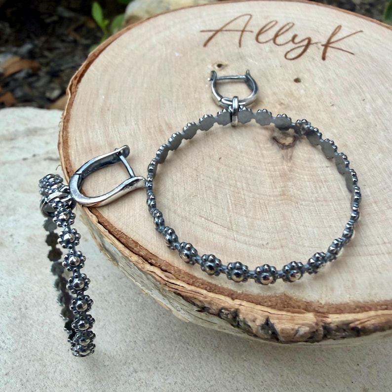 Sterling Silver Lever‑Back Hoop Earrings • Bali Berry Floral Patterned Wire • Handmade Hoops image 3