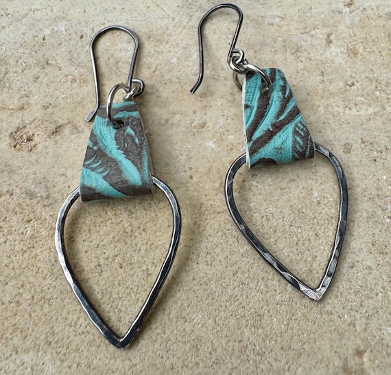 Turquoise Leather Earrings, Teardrop Earrings, Hammered Style, Genuine Leather Earrings, Women's Gift, Stylish Jewelry