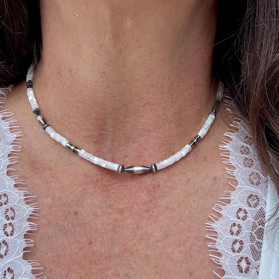 Navajo Pearl and Mother of Pearl with Hematite necklace, Sterling Silver Necklace, Gemstone Beaded Jewelry, Gemstone Beaded Choker