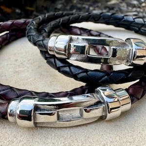 Braided Leather Bracelet with Magnetic Closure, Stainless Steel Shackle, Double Wrap, Genuine Leather, Men’s Jewelry, Gift for Him