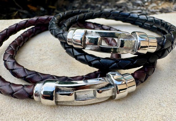 Braided leather bracelet with magnetic closure/ stainless steel shackle double wrap genuine leather bracelet