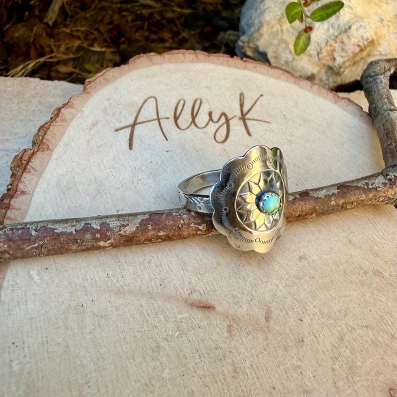 Turquoise Concho Sterling Silver Ring • Number 8 Turquoise • Southwestern Sunflower Band Bild 8