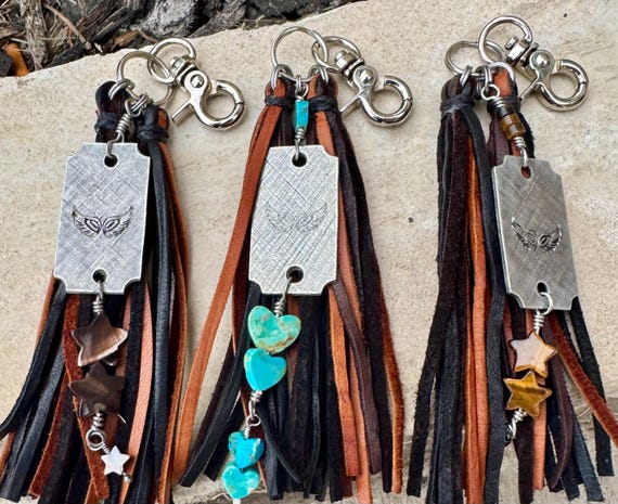 Turquoise and leather purse tassel / keychain handbag tassel / star and heart gemstone tassel