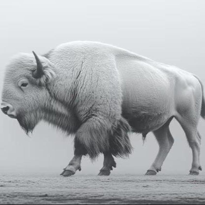 May include: A monochrome image of a bison, displaying its large frame and thick fur. The bison is seen in profile, with its head and horns clearly visible. The animal's dense fur provides a strong contrast against the backdrop.