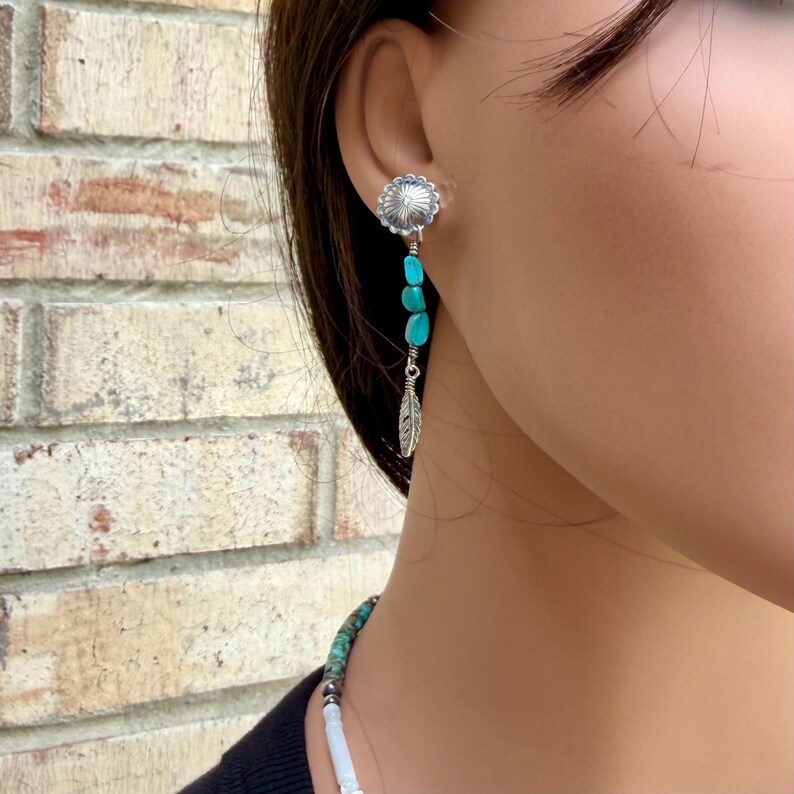 Scalloped Concho Turquoise Nugget Earrings • Sterling Silver • Feather Dangle image 2