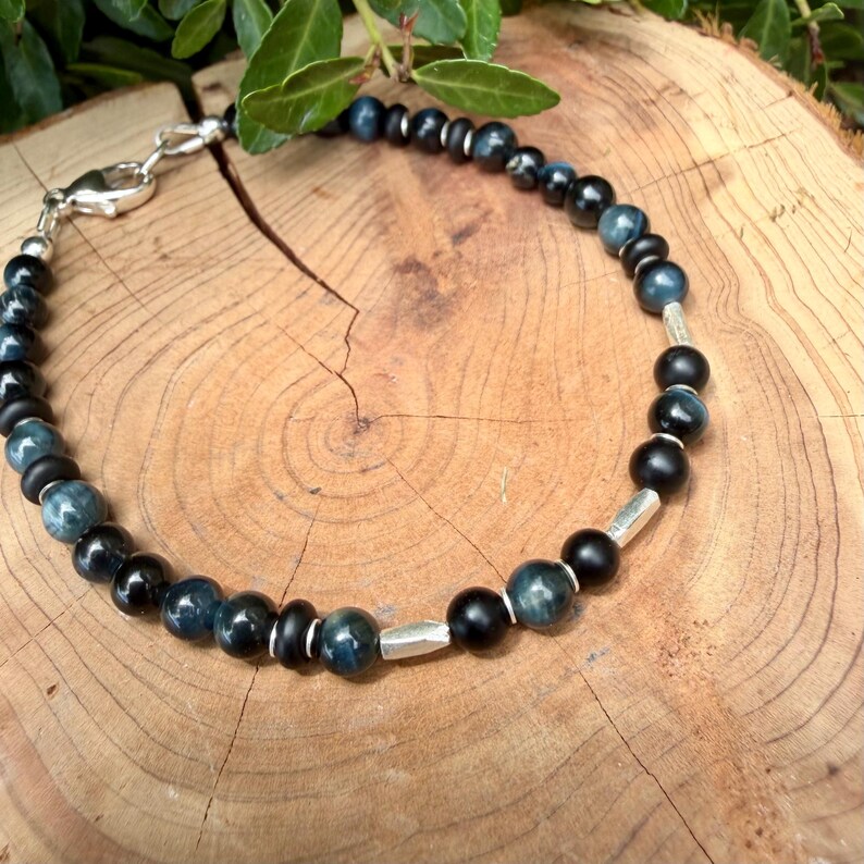 Blue Tiger’s Eye Onyx Bracelet • Hawk’s Eye • Sterling Silver Jewelry image 3