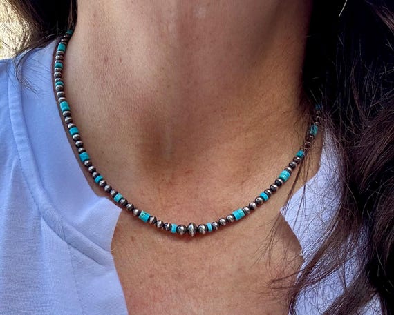 Navajo Pearl and Kingman Turquoise Necklace, Genuine Turquoise Beaded Necklace, Gemstone Necklace, Choker Necklace, Authentic Navajo Pearls