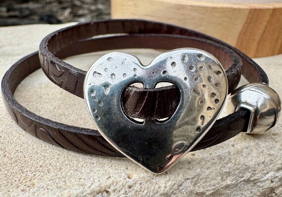 Embossed Leather Wrap Bracelet, Heart Charm, Magnetic Closure, Flower Pattern Option, Plain Leather Option, Women's Accessory