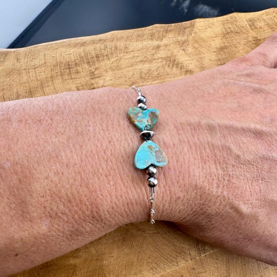 Navajo Pearl Turquoise Heart Chain Bracelet, Kingman Turquoise, Bohemian Bracelet, Native American Inspired, Heart Turquoise