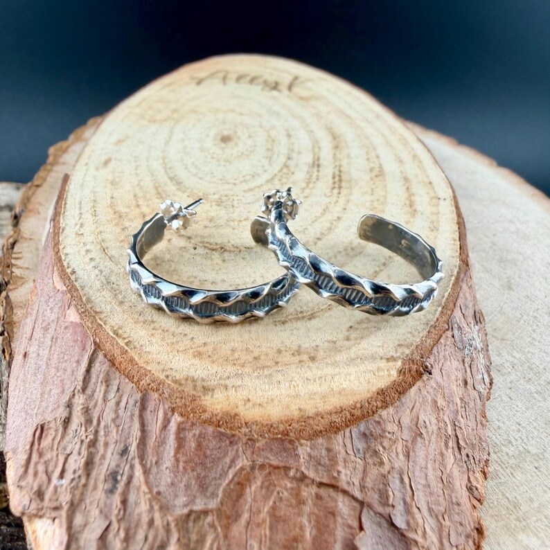 Sterling Silver Hoop Earrings • Ridged Linear Pattern Hoops • Push‑Back Post Style image 9